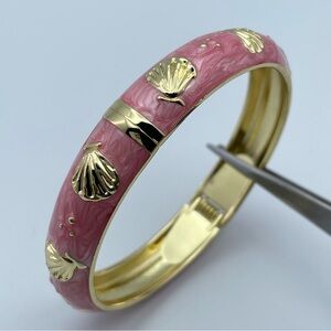 Pink Enamel Gold Tone Seashell Bangle Bracelet, Coastal Style